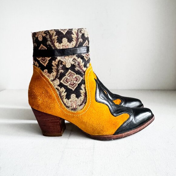Rachel Comey Suede Leather Tapestry Patchowrk Western Booties